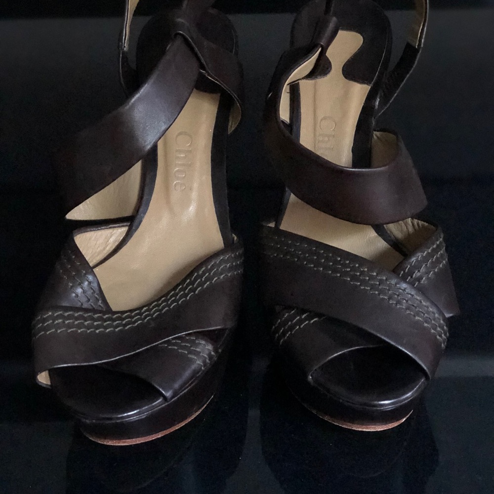 Chloé Brown Leather Platform Wedge Sandals 38.5 Made Italy Designer Heels - Picture 3 of 9